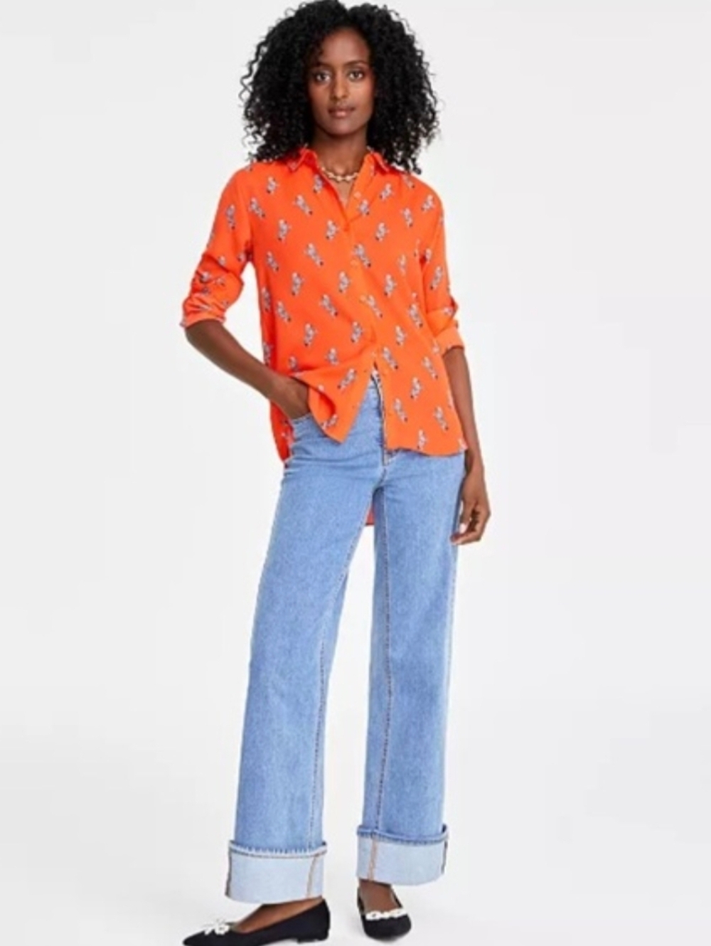 ON 34th New XS Orange Zebra Printed Button-Up Blouse